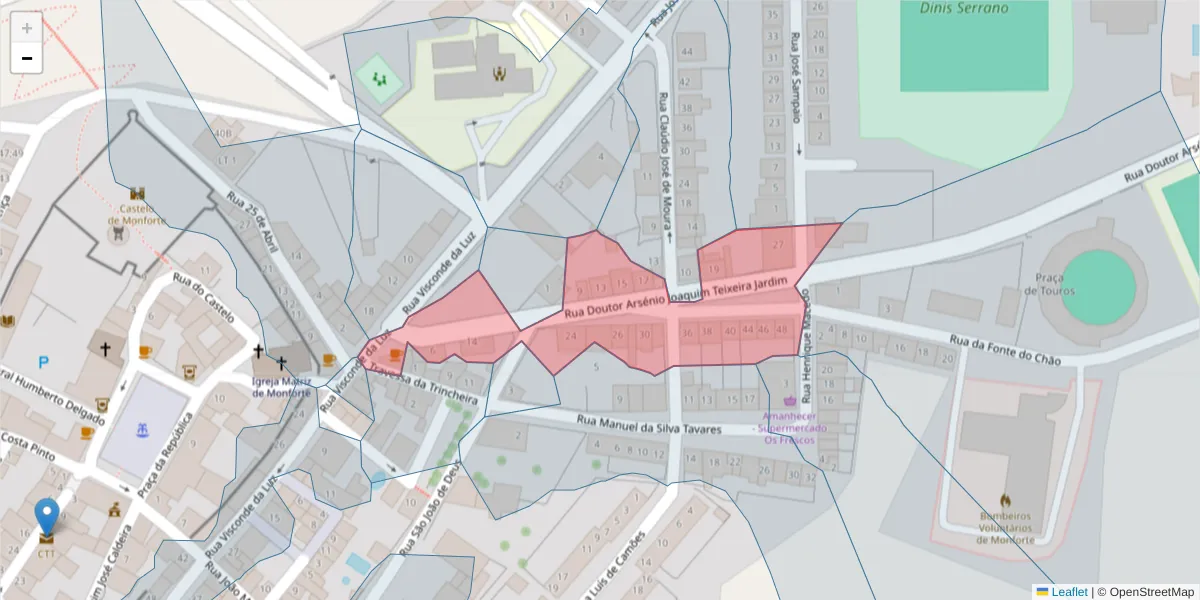 Mapa detalhado do código postal 7450-126 com limites, códigos postais vizinhos e agências dos correios