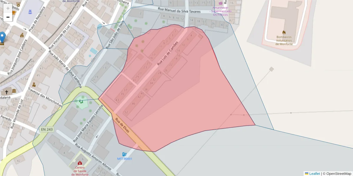 Mapa detalhado do código postal 7450-135 com limites, códigos postais vizinhos e agências dos correios