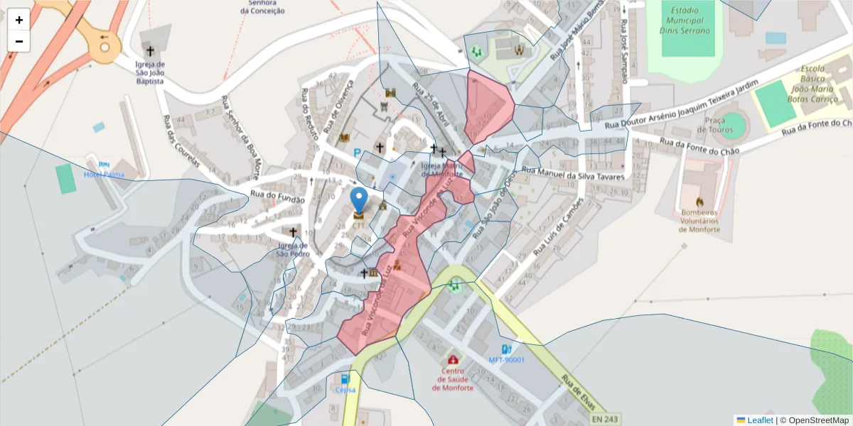 Mapa detalhado do código postal 7450-143 com limites, códigos postais vizinhos e agências dos correios
