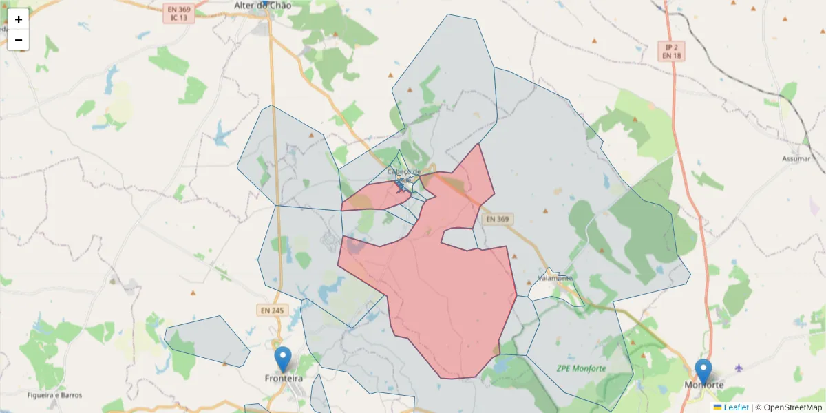 Mapa detalhado do código postal 7460-001 com limites, códigos postais vizinhos e agências dos correios