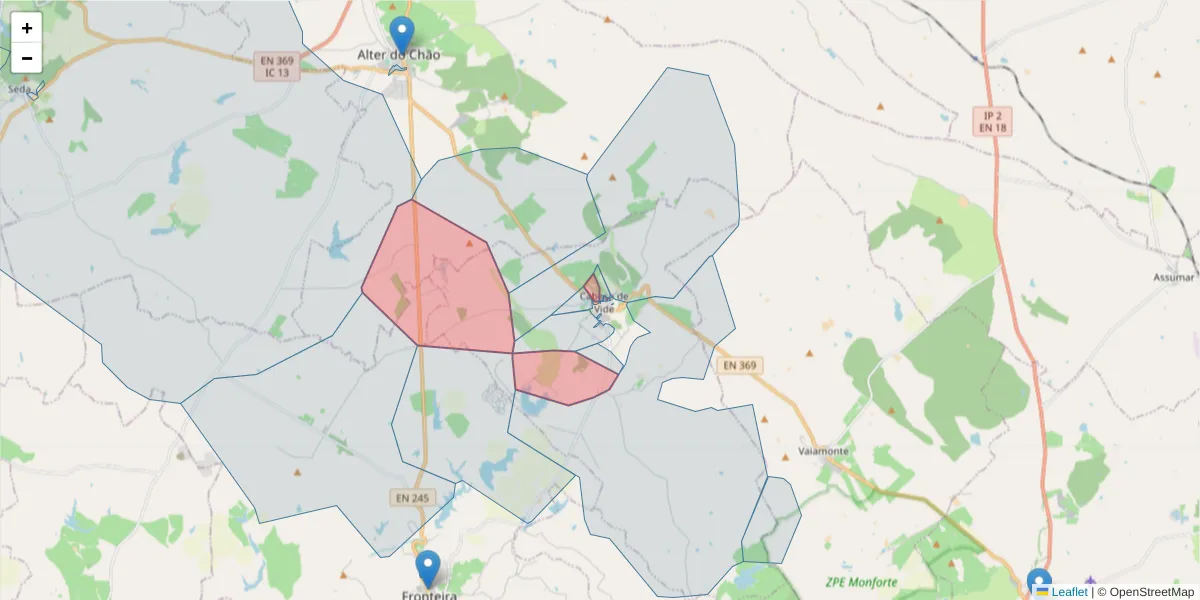Mapa detalhado do código postal 7460-015 com limites, códigos postais vizinhos e agências dos correios