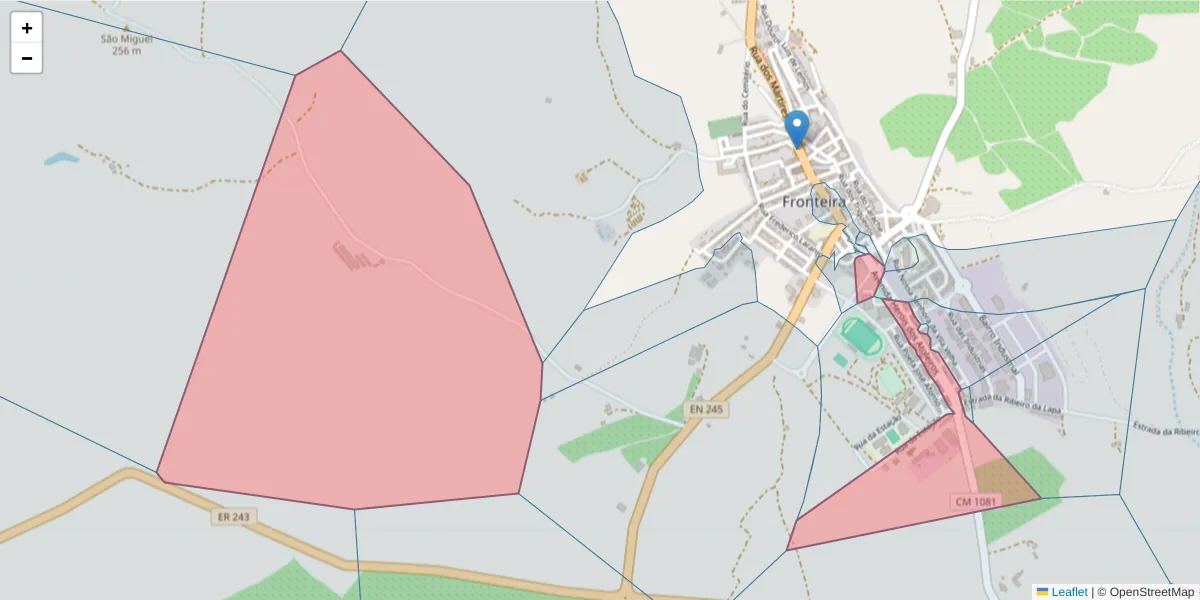 Mapa detalhado do código postal 7460-101 com limites, códigos postais vizinhos e agências dos correios