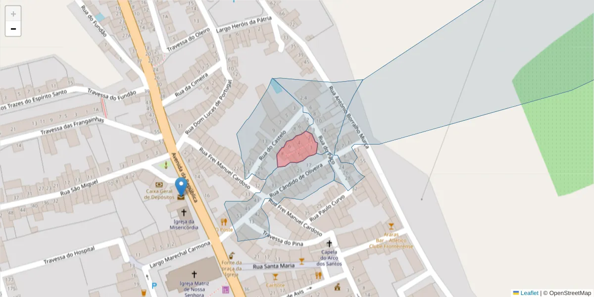 Mapa detalhado do código postal 7460-117 com limites, códigos postais vizinhos e agências dos correios