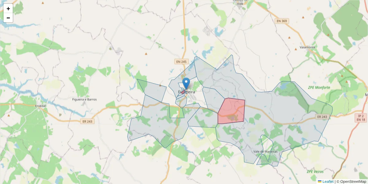 Mapa detalhado do código postal 7460-124 com limites, códigos postais vizinhos e agências dos correios