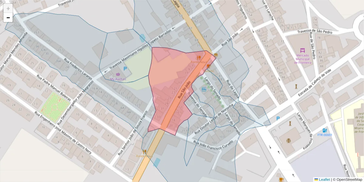 Mapa detalhado do código postal 7460-125 com limites, códigos postais vizinhos e agências dos correios