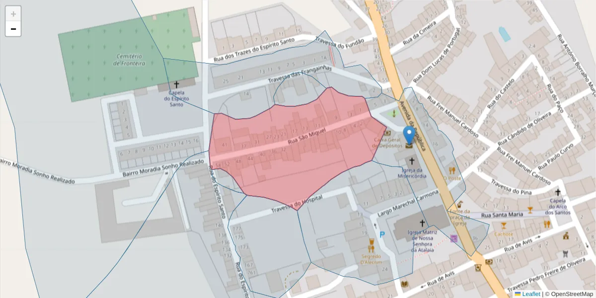 Mapa detalhado do código postal 7460-126 com limites, códigos postais vizinhos e agências dos correios