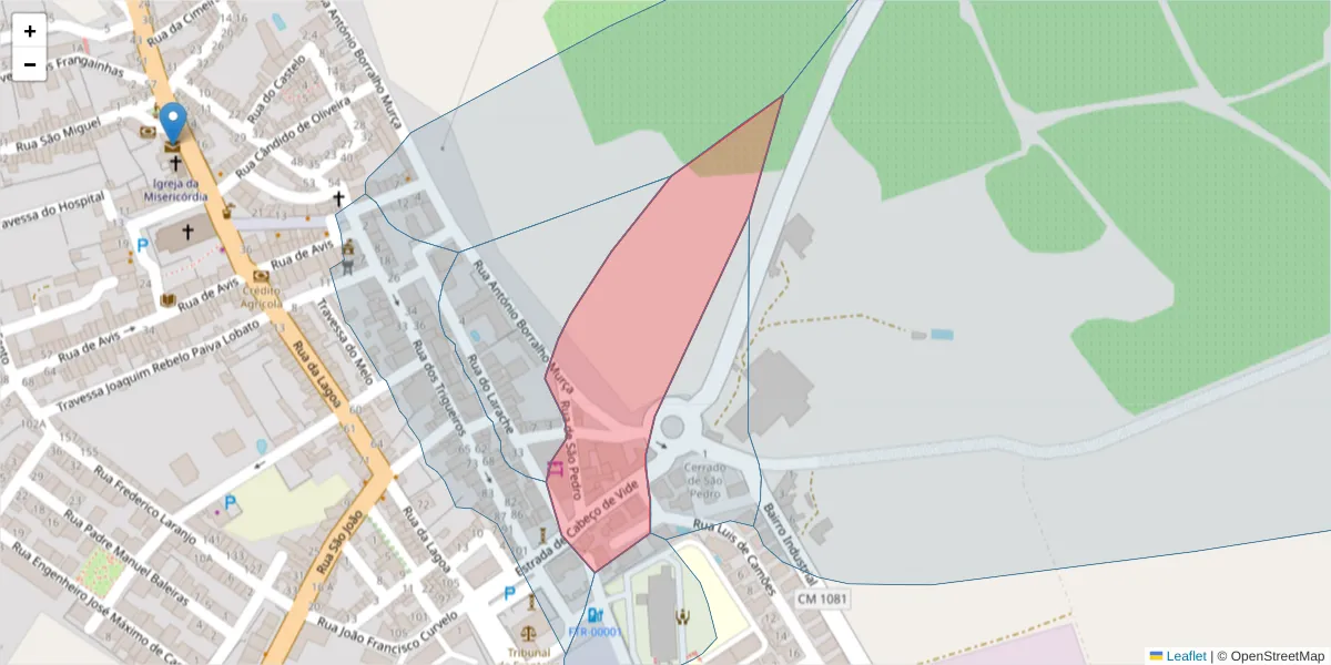 Mapa detalhado do código postal 7460-127 com limites, códigos postais vizinhos e agências dos correios