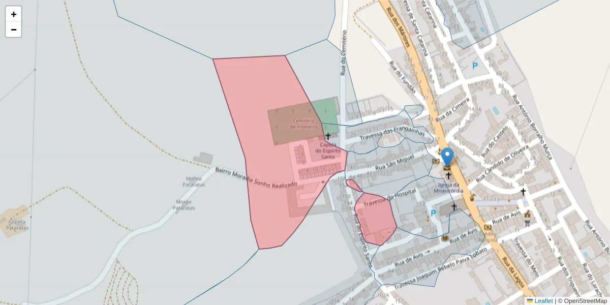 Mapa detalhado do código postal 7460-129 com limites, códigos postais vizinhos e agências dos correios