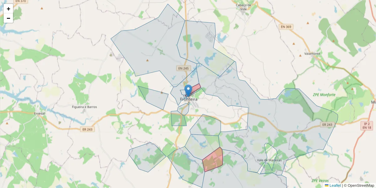 Mapa detalhado do código postal 7460-139 com limites, códigos postais vizinhos e agências dos correios