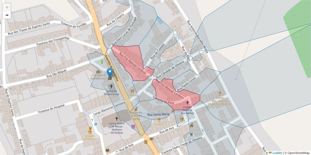 Mapa detalhado do código postal 7460-144 com limites, códigos postais vizinhos e agências dos correios