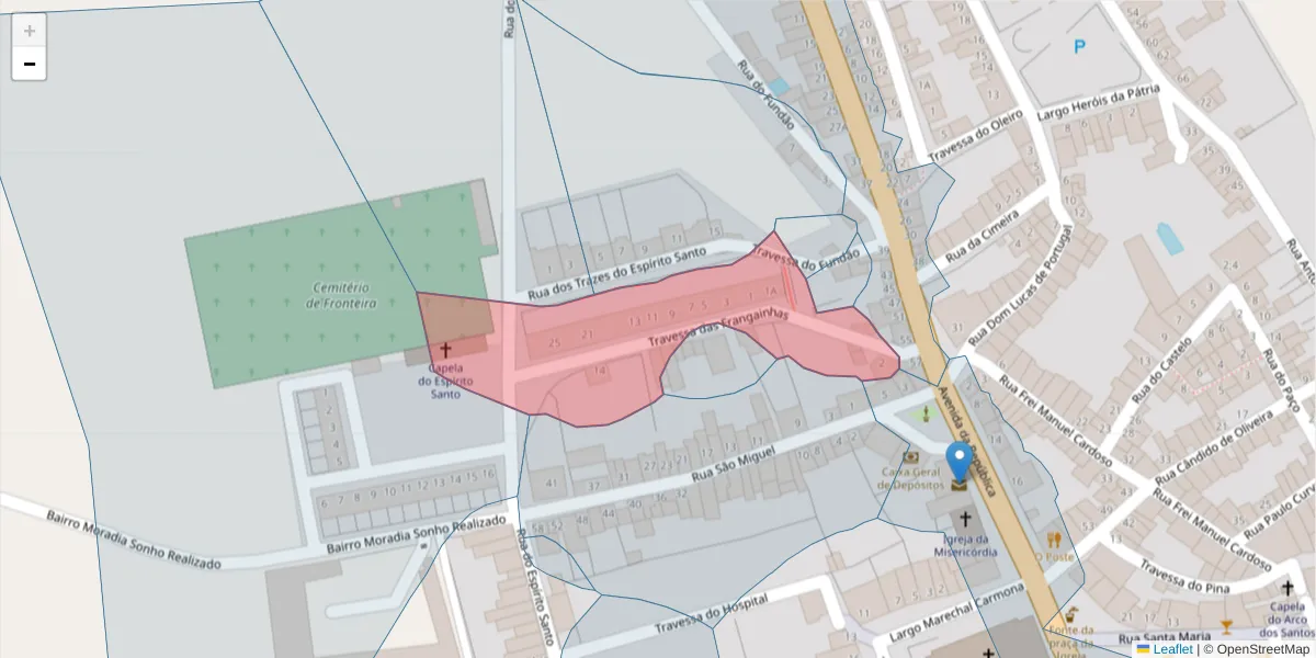 Mapa detalhado do código postal 7460-150 com limites, códigos postais vizinhos e agências dos correios
