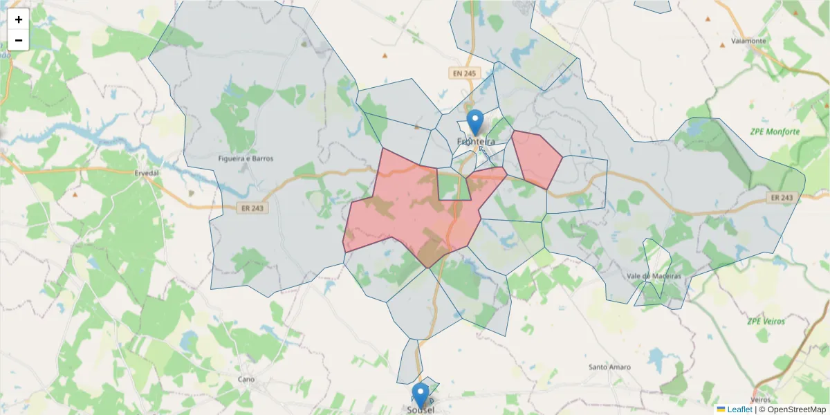 Mapa detalhado do código postal 7460-161 com limites, códigos postais vizinhos e agências dos correios