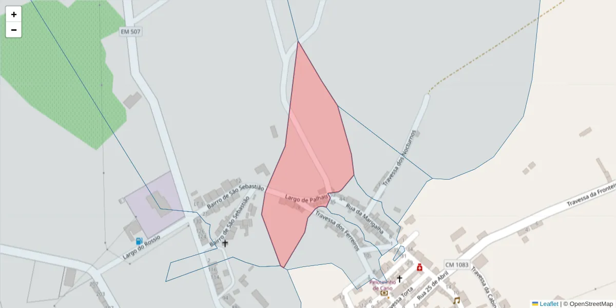 Mapa detalhado do código postal 7470-020 com limites, códigos postais vizinhos e agências dos correios