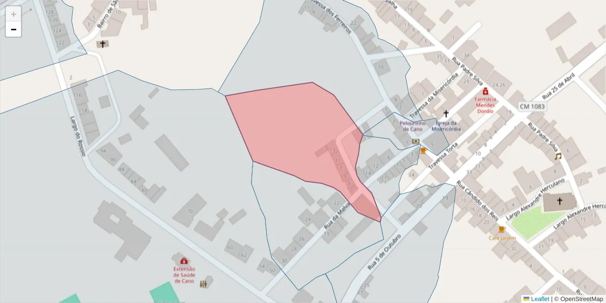 Mapa detalhado do código postal 7470-043 com limites, códigos postais vizinhos e agências dos correios