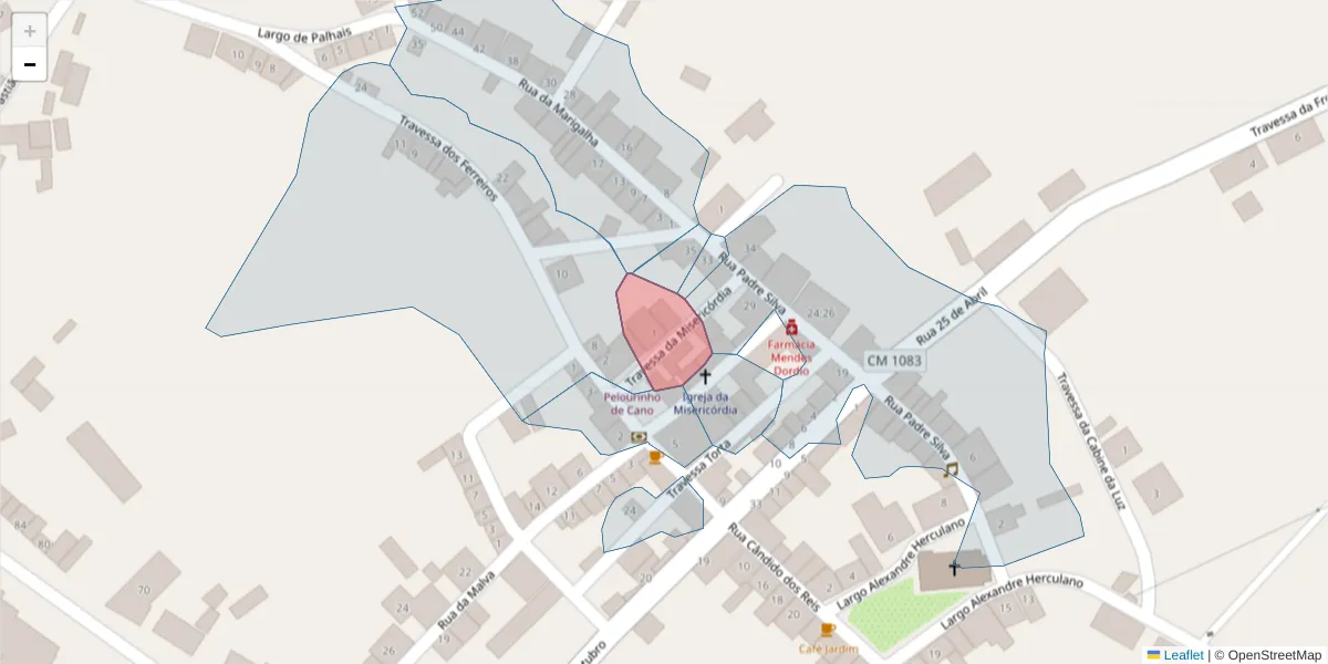 Mapa detalhado do código postal 7470-044 com limites, códigos postais vizinhos e agências dos correios