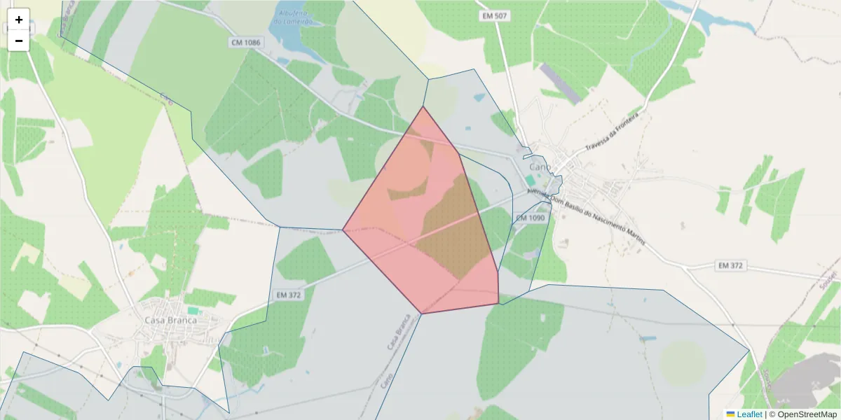 Mapa detalhado do código postal 7470-074 com limites, códigos postais vizinhos e agências dos correios