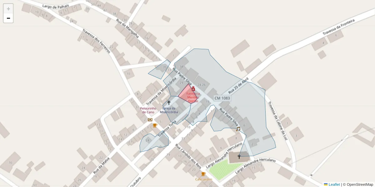 Mapa detalhado do código postal 7470-082 com limites, códigos postais vizinhos e agências dos correios