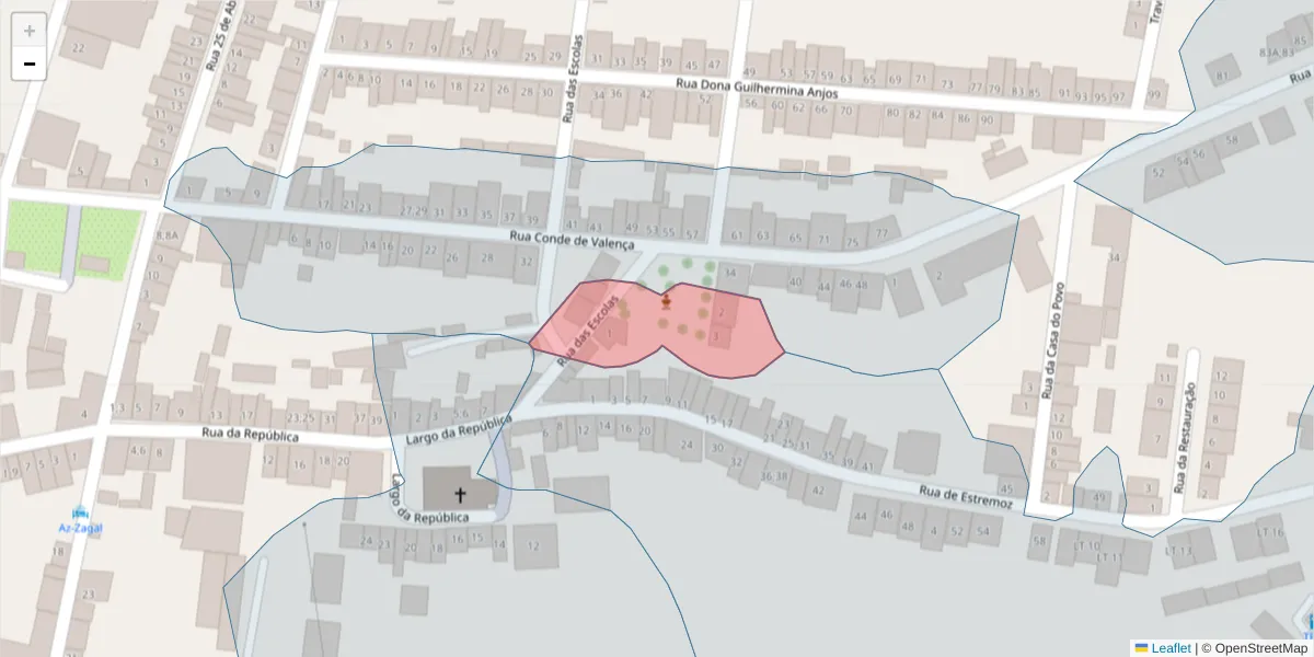 Mapa detalhado do código postal 7470-115 com limites, códigos postais vizinhos e agências dos correios