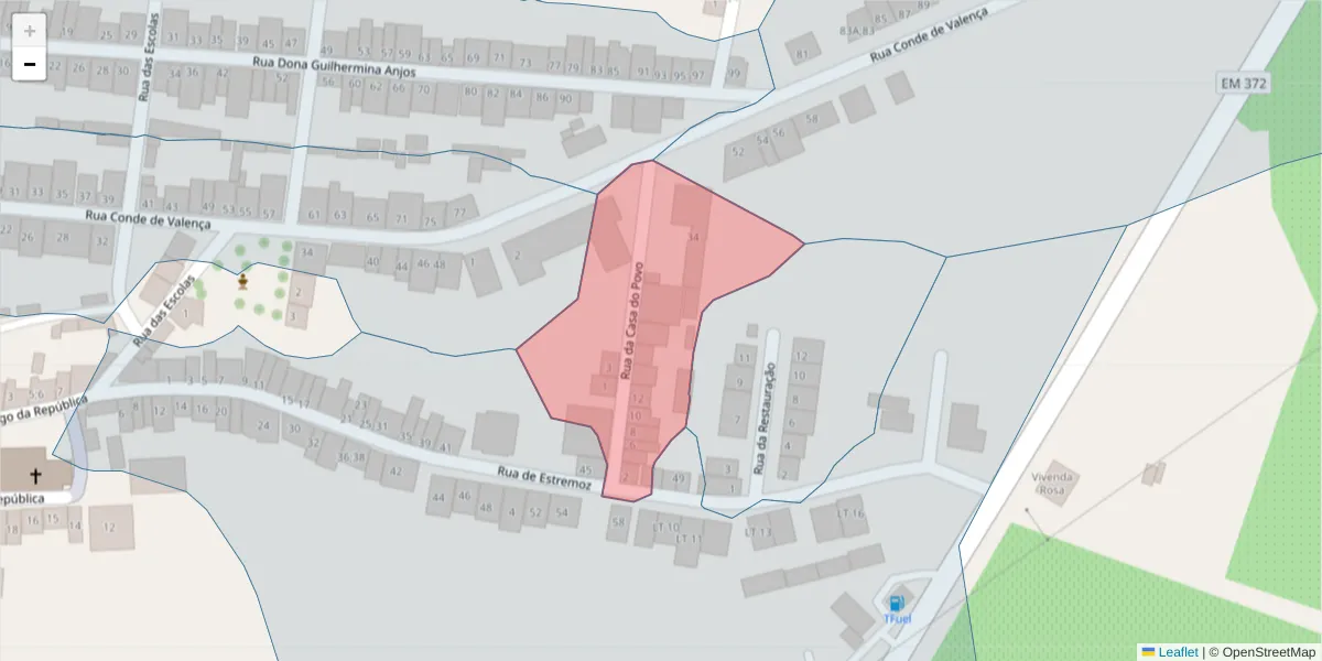 Mapa detalhado do código postal 7470-121 com limites, códigos postais vizinhos e agências dos correios