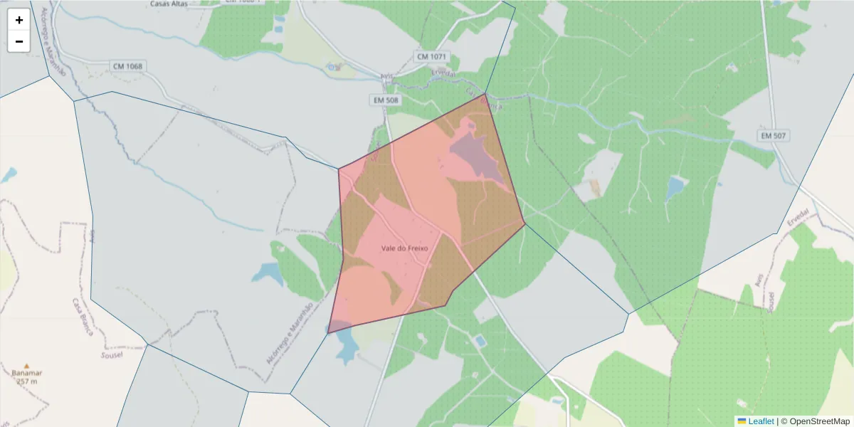 Mapa detalhado do código postal 7470-154 com limites, códigos postais vizinhos e agências dos correios