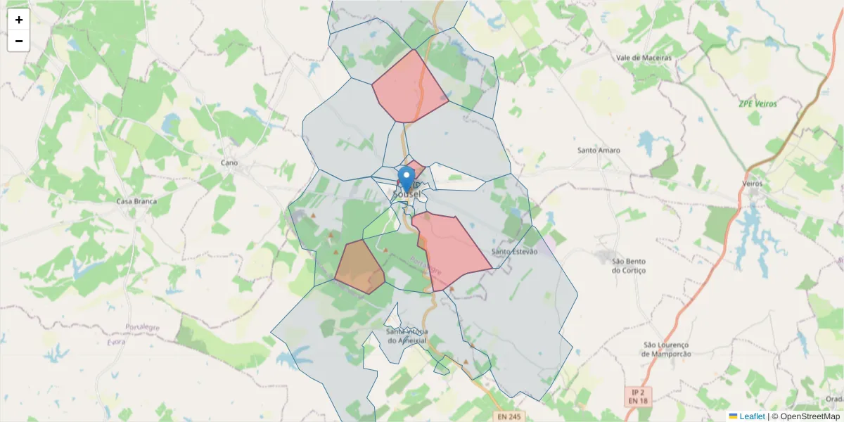 Mapa detalhado do código postal 7470-181 com limites, códigos postais vizinhos e agências dos correios