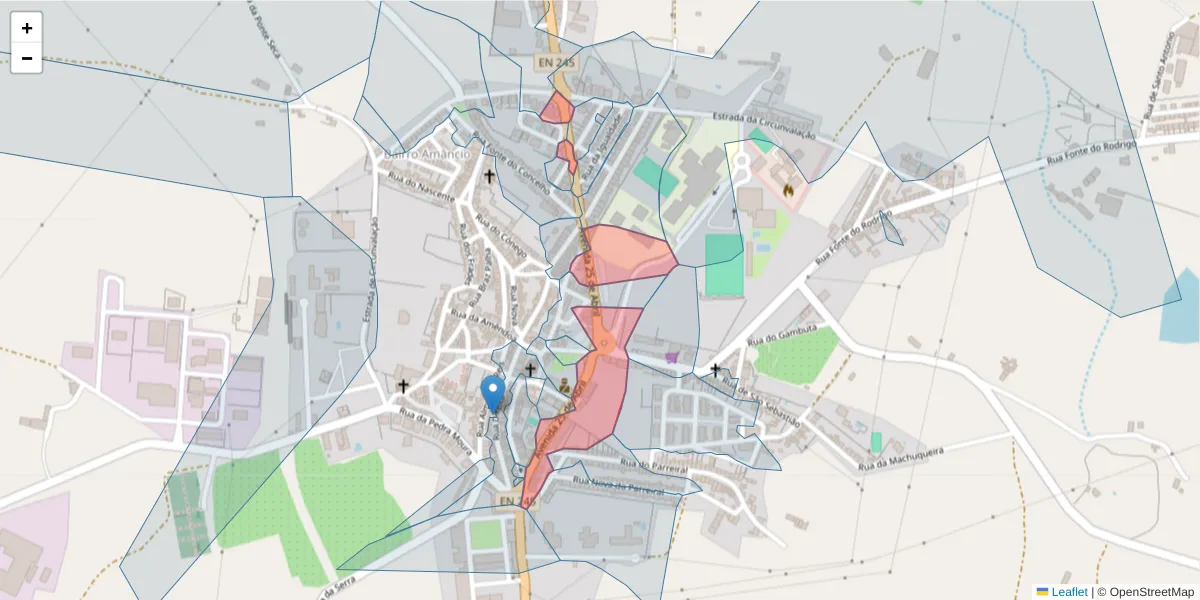 Mapa detalhado do código postal 7470-203 com limites, códigos postais vizinhos e agências dos correios