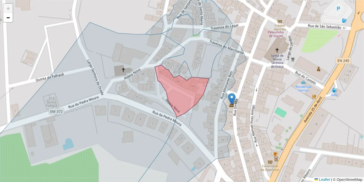 Mapa detalhado do código postal 7470-213 com limites, códigos postais vizinhos e agências dos correios