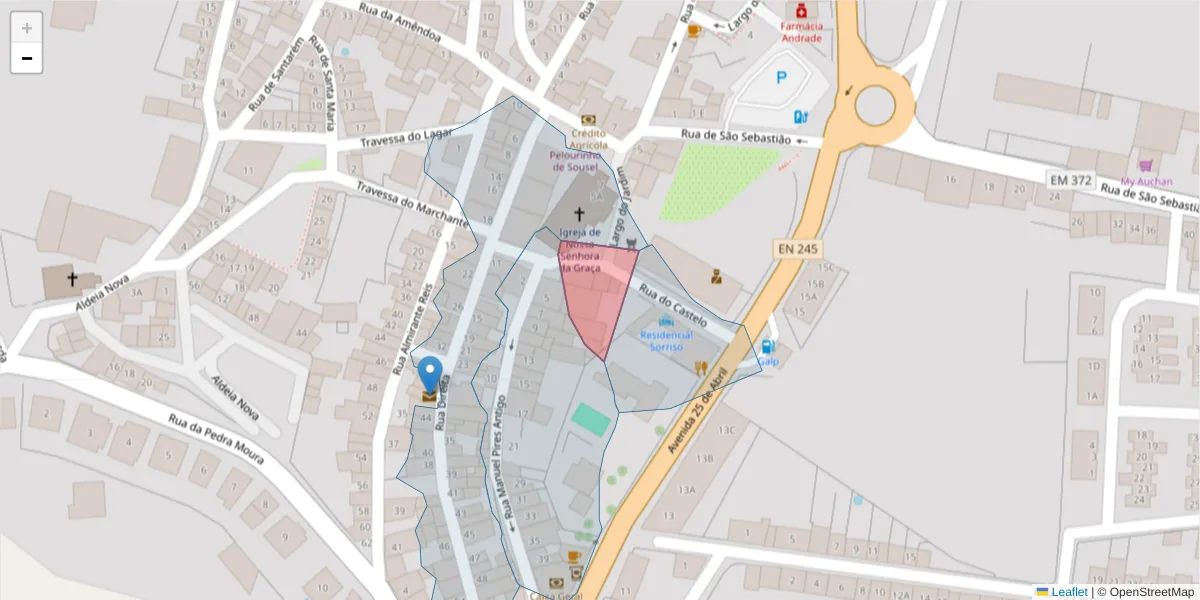 Mapa detalhado do código postal 7470-214 com limites, códigos postais vizinhos e agências dos correios