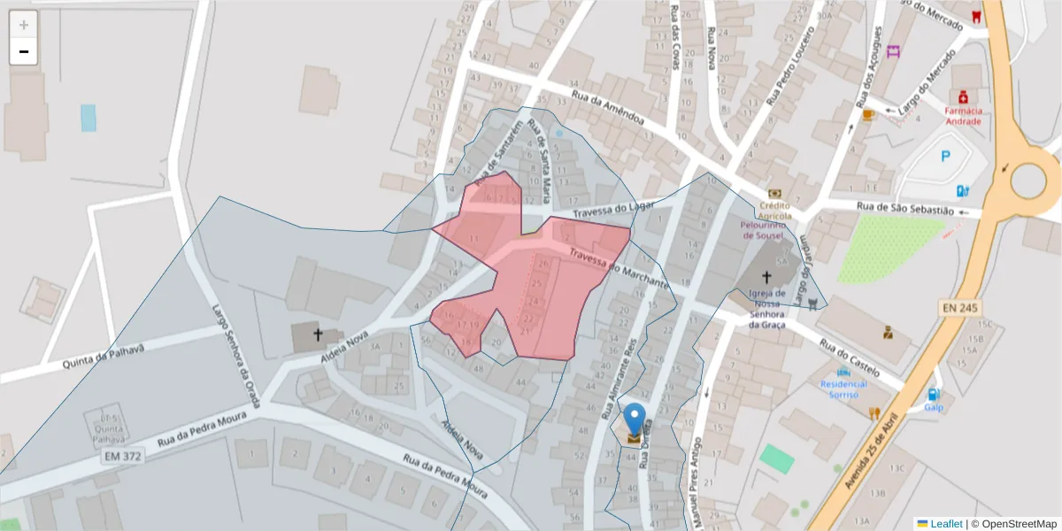 Mapa detalhado do código postal 7470-218 com limites, códigos postais vizinhos e agências dos correios