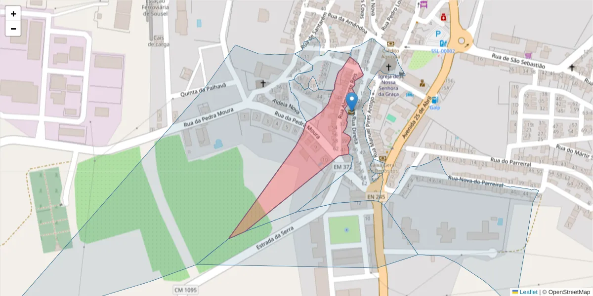 Mapa detalhado do código postal 7470-223 com limites, códigos postais vizinhos e agências dos correios