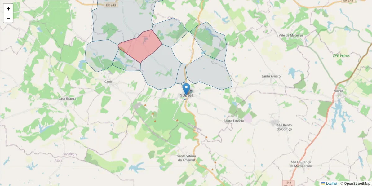 Mapa detalhado do código postal 7470-226 com limites, códigos postais vizinhos e agências dos correios