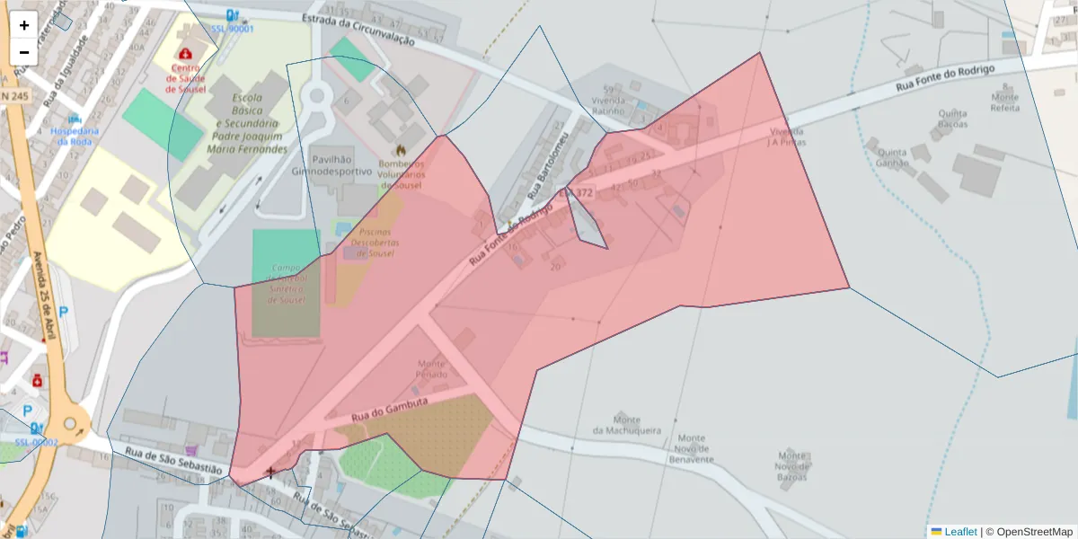 Mapa detalhado do código postal 7470-233 com limites, códigos postais vizinhos e agências dos correios