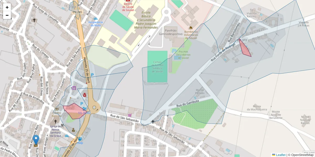 Mapa detalhado do código postal 7470-241 com limites, códigos postais vizinhos e agências dos correios