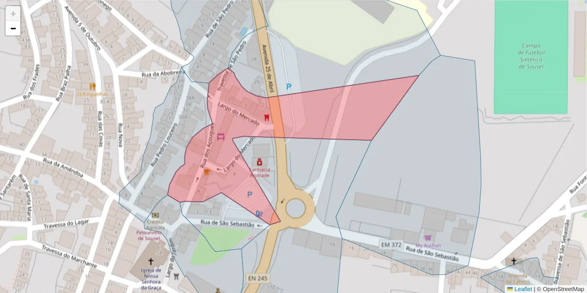 Mapa detalhado do código postal 7470-250 com limites, códigos postais vizinhos e agências dos correios