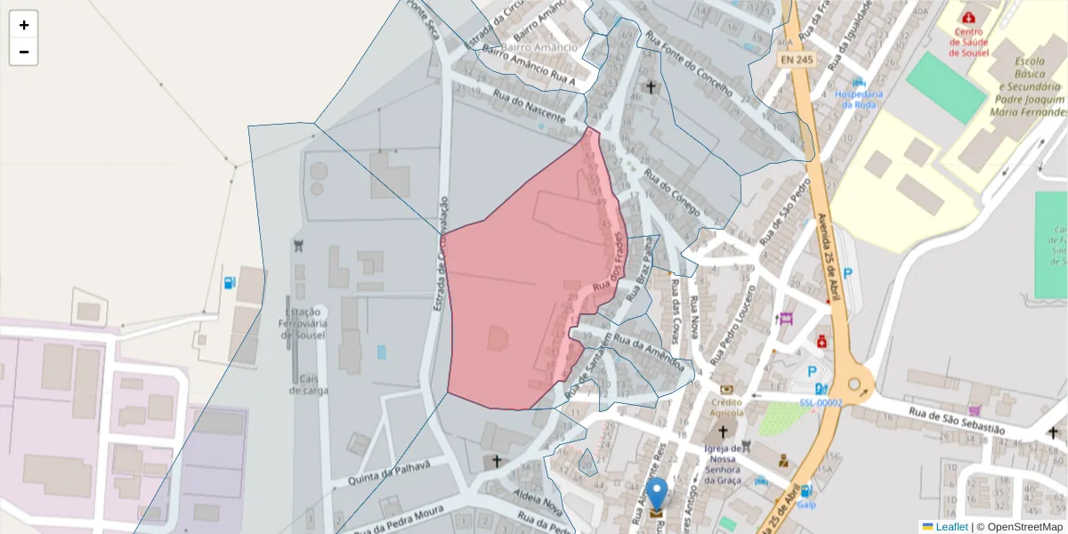 Mapa detalhado do código postal 7470-252 com limites, códigos postais vizinhos e agências dos correios