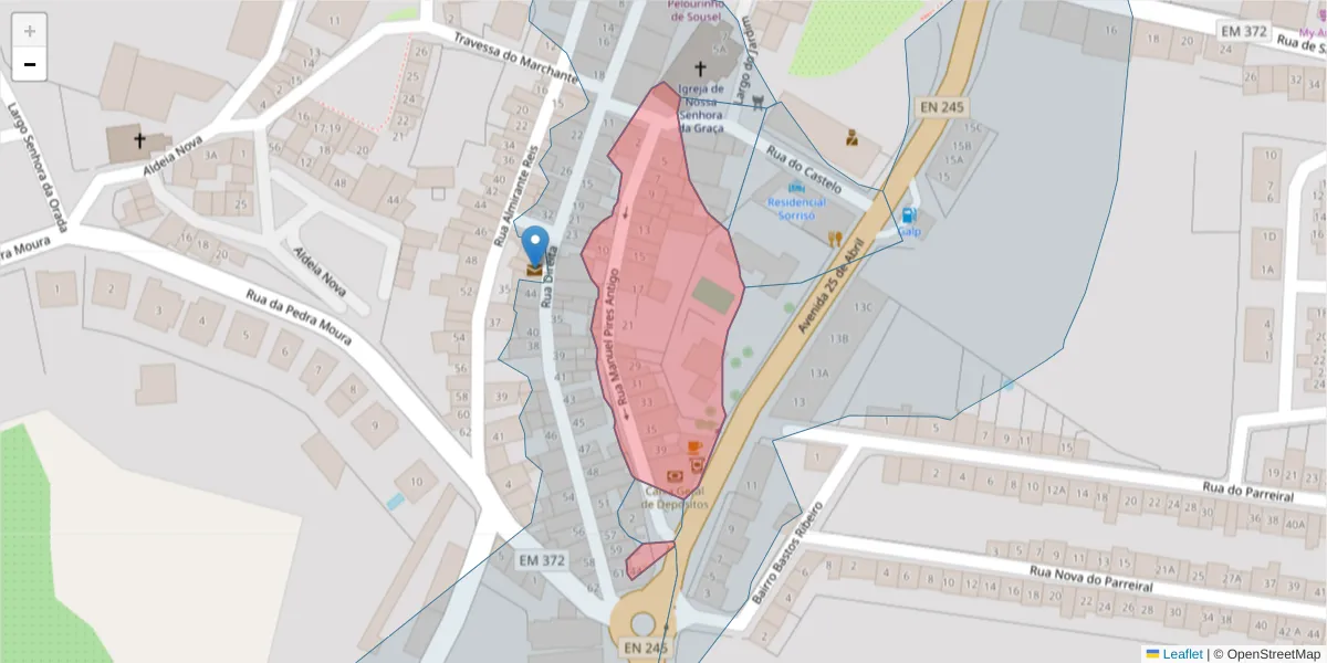 Mapa detalhado do código postal 7470-253 com limites, códigos postais vizinhos e agências dos correios