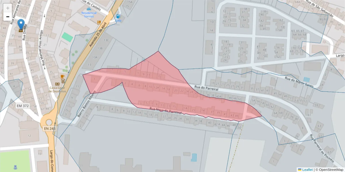 Mapa detalhado do código postal 7470-255 com limites, códigos postais vizinhos e agências dos correios