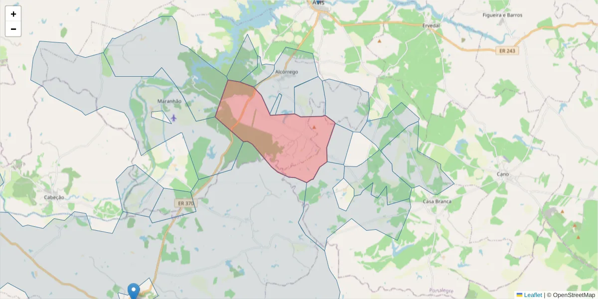 Mapa detalhado do código postal 7480-013 com limites, códigos postais vizinhos e agências dos correios