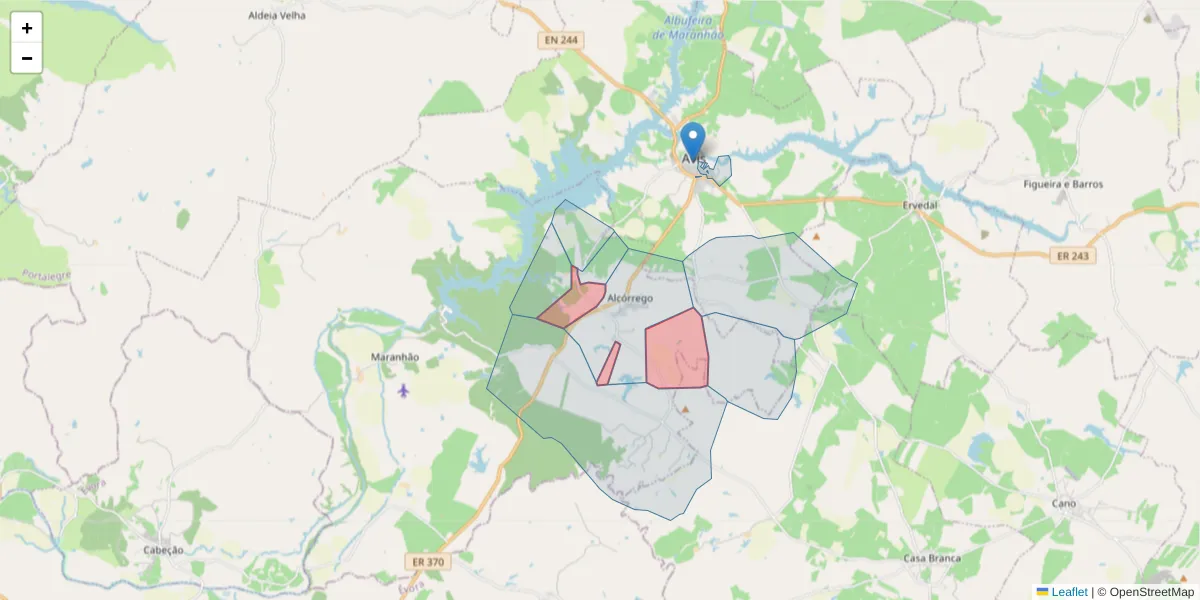Mapa detalhado do código postal 7480-020 com limites, códigos postais vizinhos e agências dos correios
