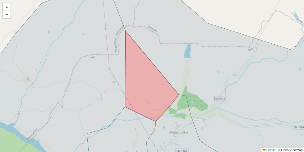 Mapa detalhado do código postal 7480-055 com limites, códigos postais vizinhos e agências dos correios