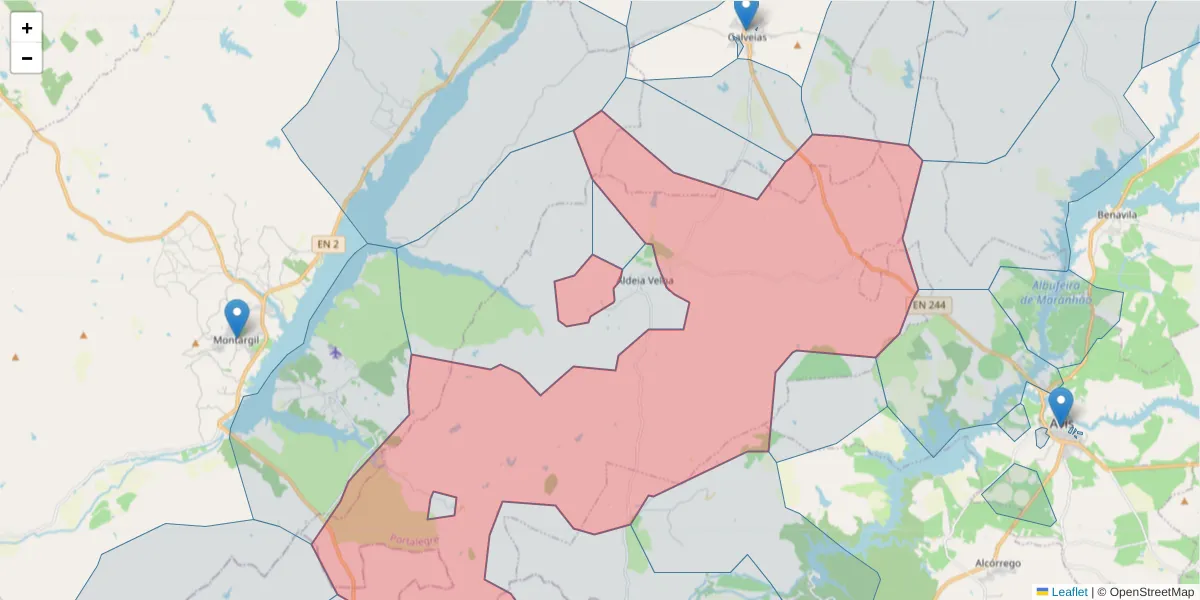 Mapa detalhado do código postal 7480-057 com limites, códigos postais vizinhos e agências dos correios