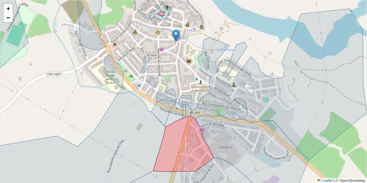 Mapa detalhado do código postal 7480-101 com limites, códigos postais vizinhos e agências dos correios