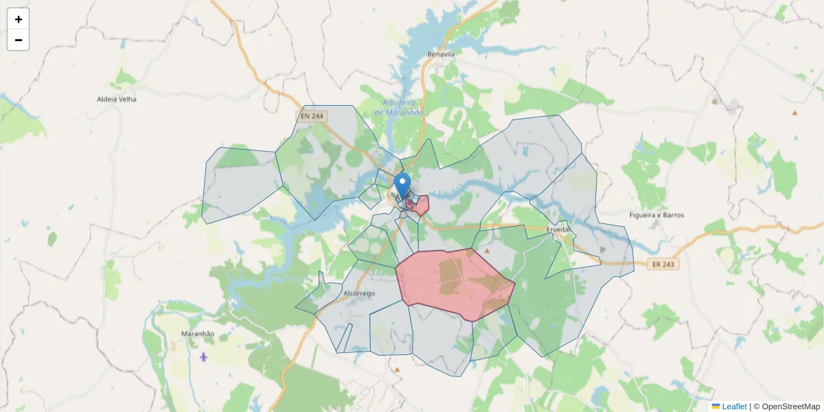 Mapa detalhado do código postal 7480-102 com limites, códigos postais vizinhos e agências dos correios