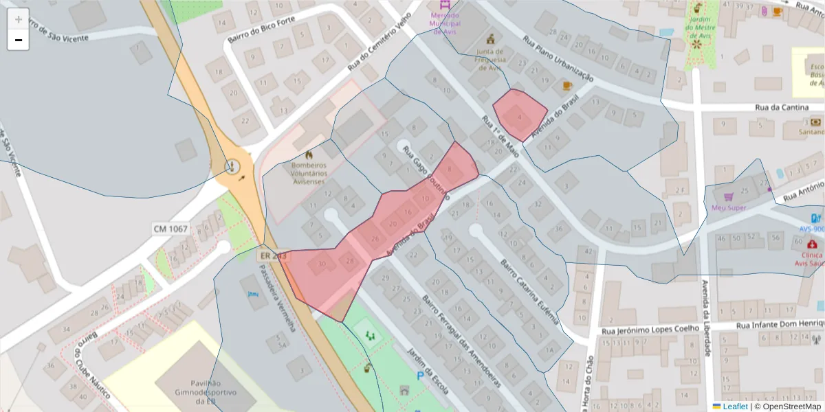 Mapa detalhado do código postal 7480-104 com limites, códigos postais vizinhos e agências dos correios