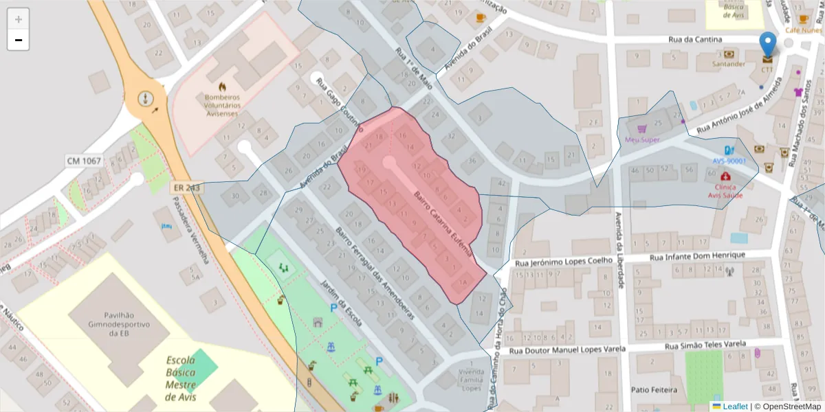 Mapa detalhado do código postal 7480-105 com limites, códigos postais vizinhos e agências dos correios