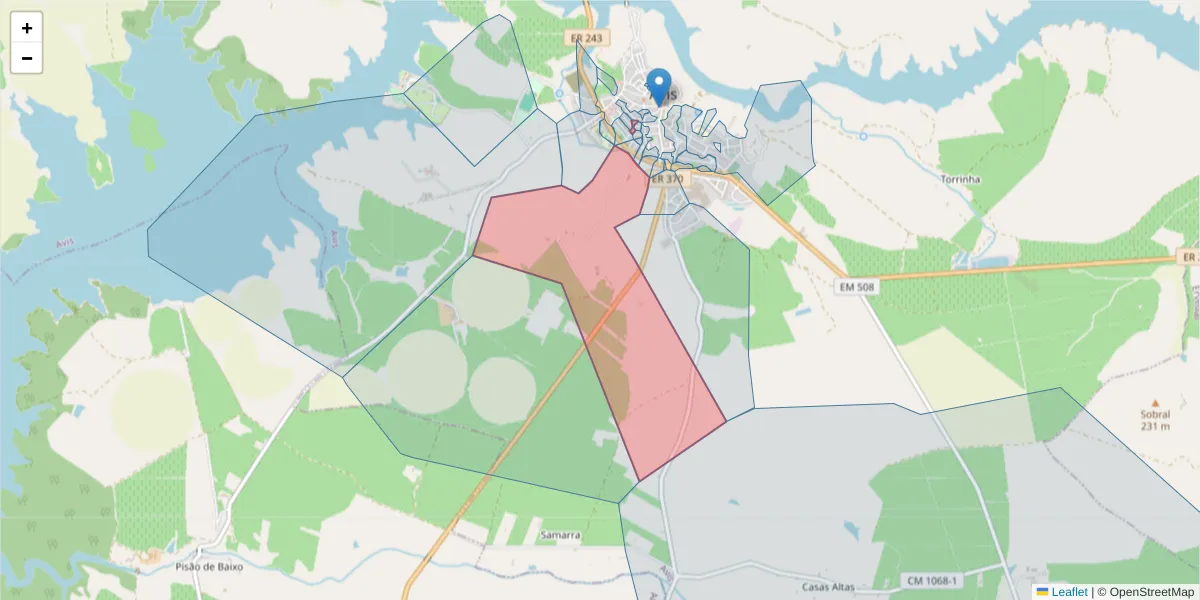 Mapa detalhado do código postal 7480-124 com limites, códigos postais vizinhos e agências dos correios