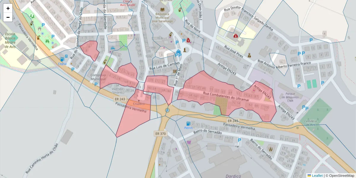 Mapa detalhado do código postal 7480-125 com limites, códigos postais vizinhos e agências dos correios