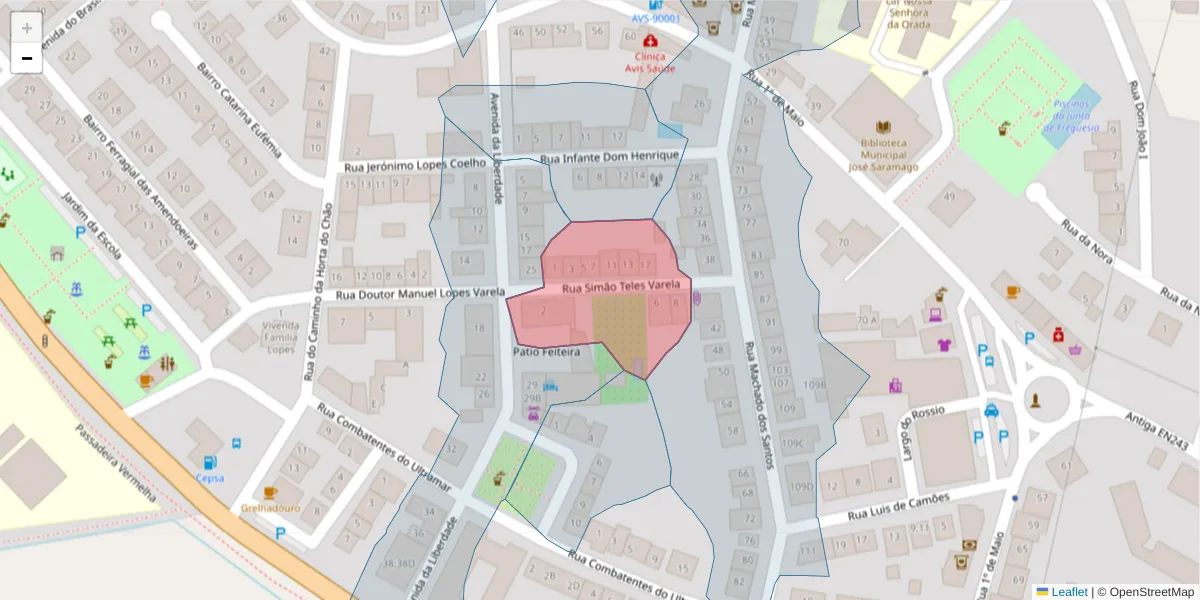 Mapa detalhado do código postal 7480-155 com limites, códigos postais vizinhos e agências dos correios