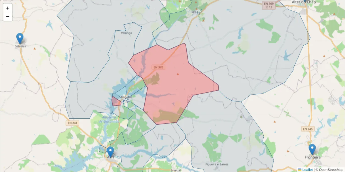 Mapa detalhado do código postal 7480-250 com limites, códigos postais vizinhos e agências dos correios