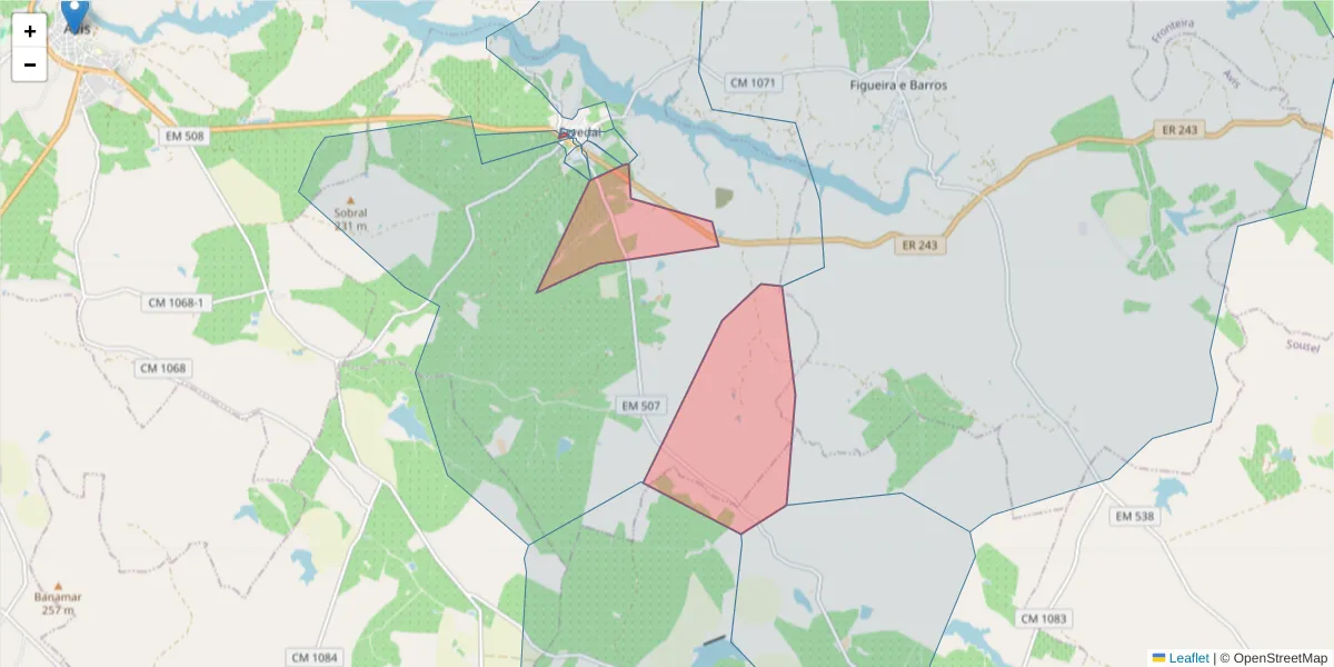 Mapa detalhado do código postal 7480-299 com limites, códigos postais vizinhos e agências dos correios